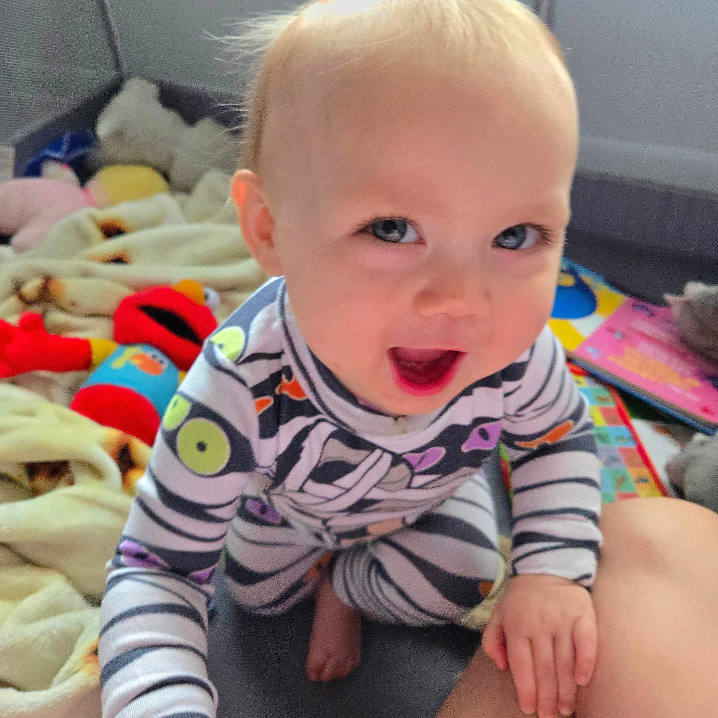 Gwendolyn joined the competition — help win amazing prizes! baby, bed, bedroom, bodypart, crawling, face, finger, furniture, hand, happy, head, indoors, laughing, mouth, person, photography, portrait, room, sitting, teeth