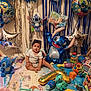 baby, child, toys, balloons, stuffed_animals, blue, colorful, indoor, playmat, sunglasses, stitch, birthday, celebration, plastic_toys, floor, decorations, childrens_room, party, cute, smile