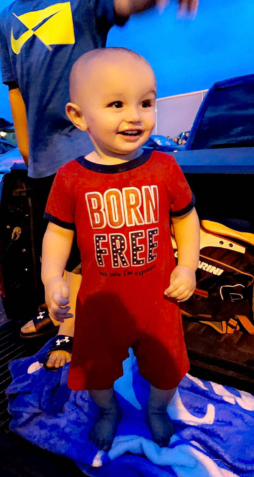 Hayes joined the competition — help win amazing prizes! baby, baby_toddler_clothing, blue, child, cool, electric_blue, flooring, fun, happy, jersey, joy, orange, person, shorts, sleeve, smile, snapshot, sportswear, standing, t_shirt