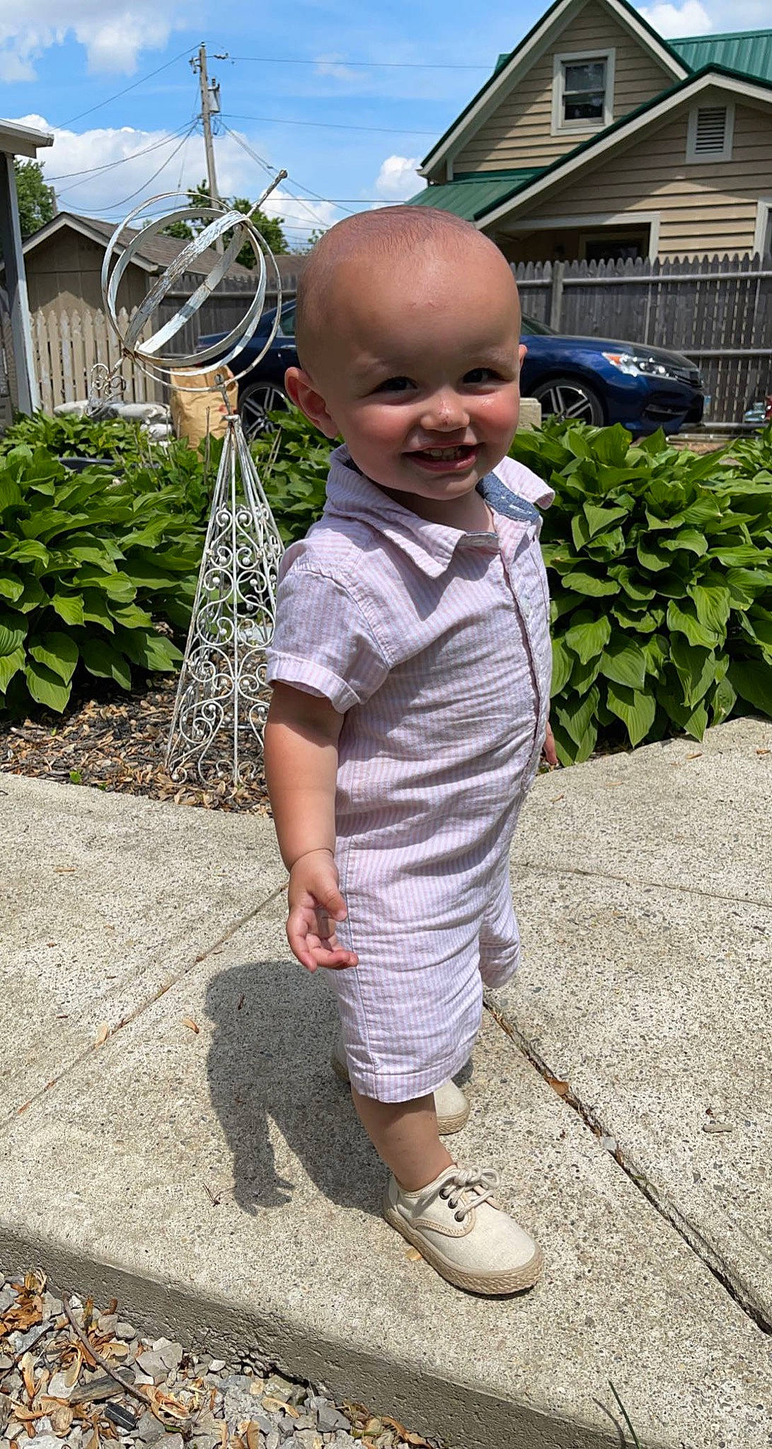 Hayes joined the competition — help win amazing prizes! asphalt, baby, child, cloud, fun, garden, grass, hairstyle, happy, joy, leisure, person, plant, sandal, shorts, sidewalk, sky, smile, t_shirt, toddler