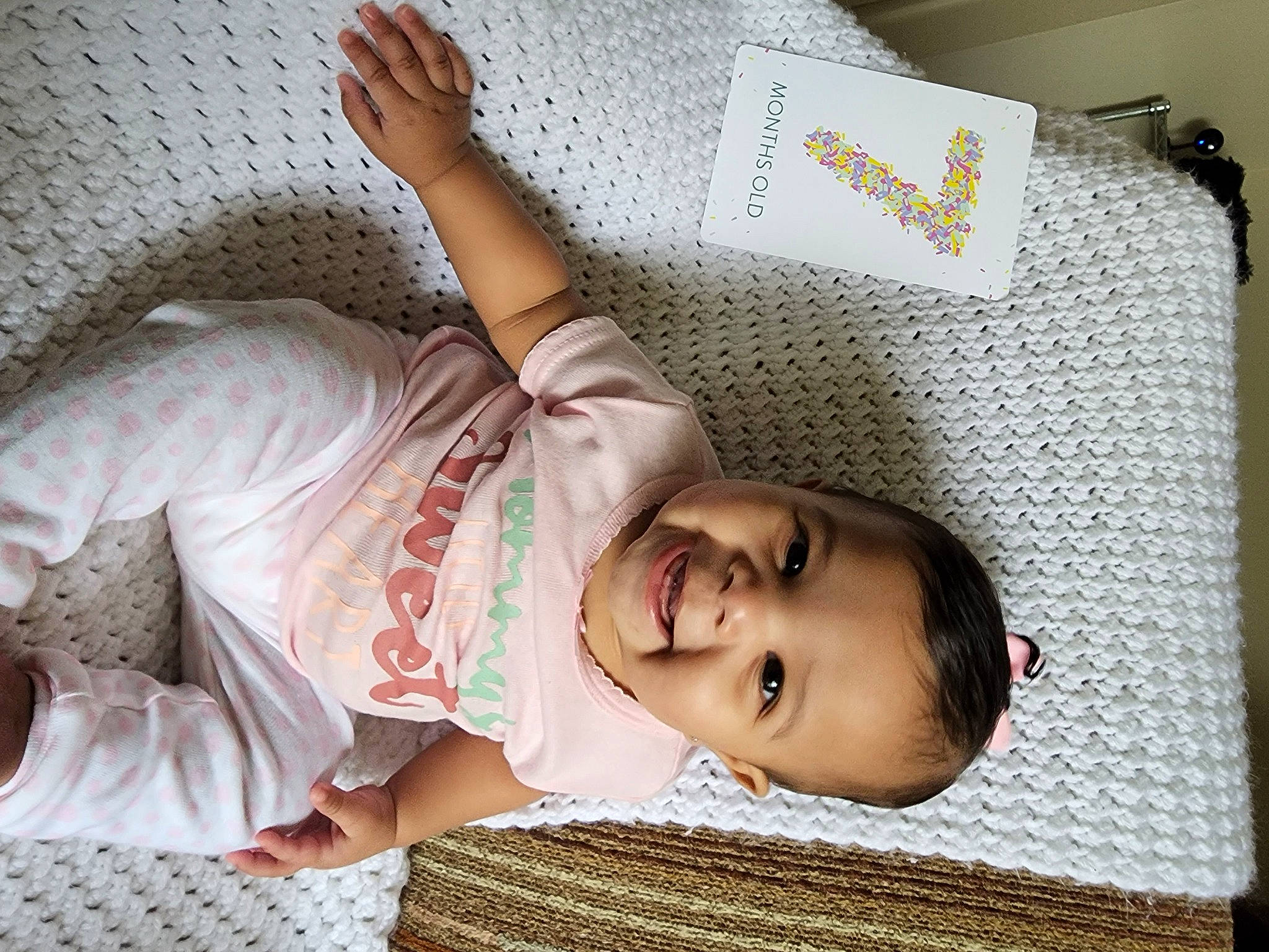 Maria joined the competition — help win amazing prizes! baby, baby_products, baby_sleeping, baby_toddler_clothing, bedding, bedtime, child, comfort, facial_expression, happy, joy, linens, mammal, pattern, person, product, room, skin, sleeve, smile