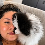 Bella joined the competition — help win amazing prizes! woman, puppy, dog, fluffy, black_and_white, couch, indoor, close_up, face, pet, snuggle, cute, fur, portrait, relaxed, casual, chain_necklace, home, love, animal