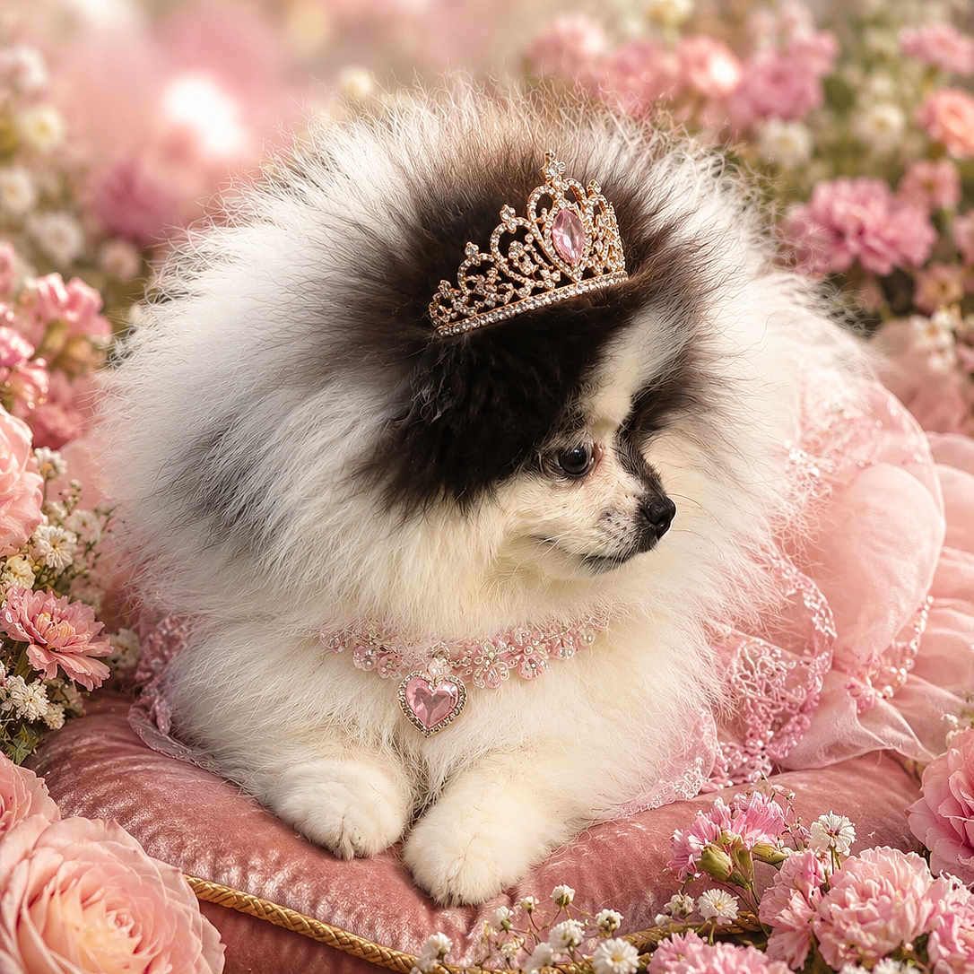 Bella joined the competition — help win amazing prizes! dog, pomeranian, tiara, jewelry, pink, flowers, cushion, fluffy, pet, portrait, cute, decorative, soft_light, indoors, royalty, pink_dress, animal, luxury, posing, adorable