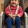 Lou participe au concours pour gagner de l'argent avec cette photo : child, toddler, baby, high_chair, smile, happy, straps, buckle, polka_dot, leggings, barefoot, toes, pink_top, indoor, wood_floor, portrait, seat, hair_clip, hands, feeding_chair