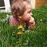 candid, casual_clothing, child, curious, dandelion, daylight, flower, flower_bed, garden, grass, greenery, hair_tie, house, nature, outdoor, plant, portrait, side_profile, toddler, young_child