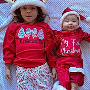 Kahoku is registered to the contest to win money with this photo: child, baby, christmas, holiday, pajamas, hat, reindeer_ears, blanket, smiling, tongue_out, cute, festive, red_clothing, white_trim, lying_down, indoors, socks, patterned_pants, happy, family