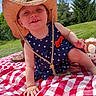 Jocelyn is registered to the contest to win money with this photo: baby, child, cowboy_hat, polka_dot, dress, red_bow, picnic_blanket, outdoor, grass, trees, smiling, happy, sunny, toy, stuffed_animal, hand, face, blue_sky, foot, nature