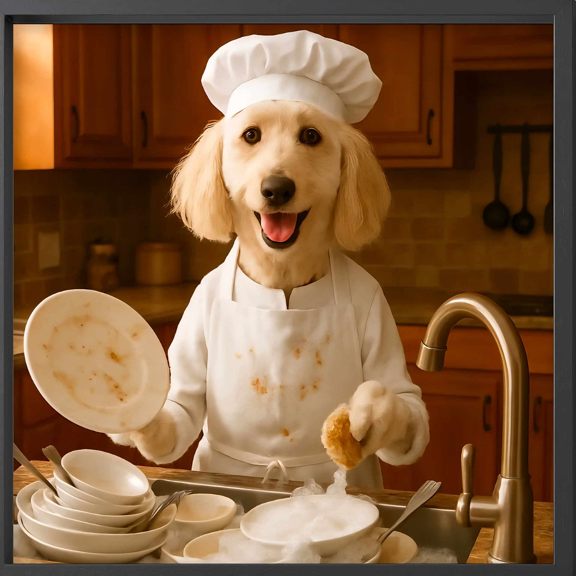 Ruby is registered to the contest to win money with this photo: dog, golden_retriever, chef_hat, apron, kitchen, washing_dishes, sink, plates, sponge, foam, happy, pet, indoors, counter, utensils, water, cleaning, smiling, portrait, brown_cabinetry