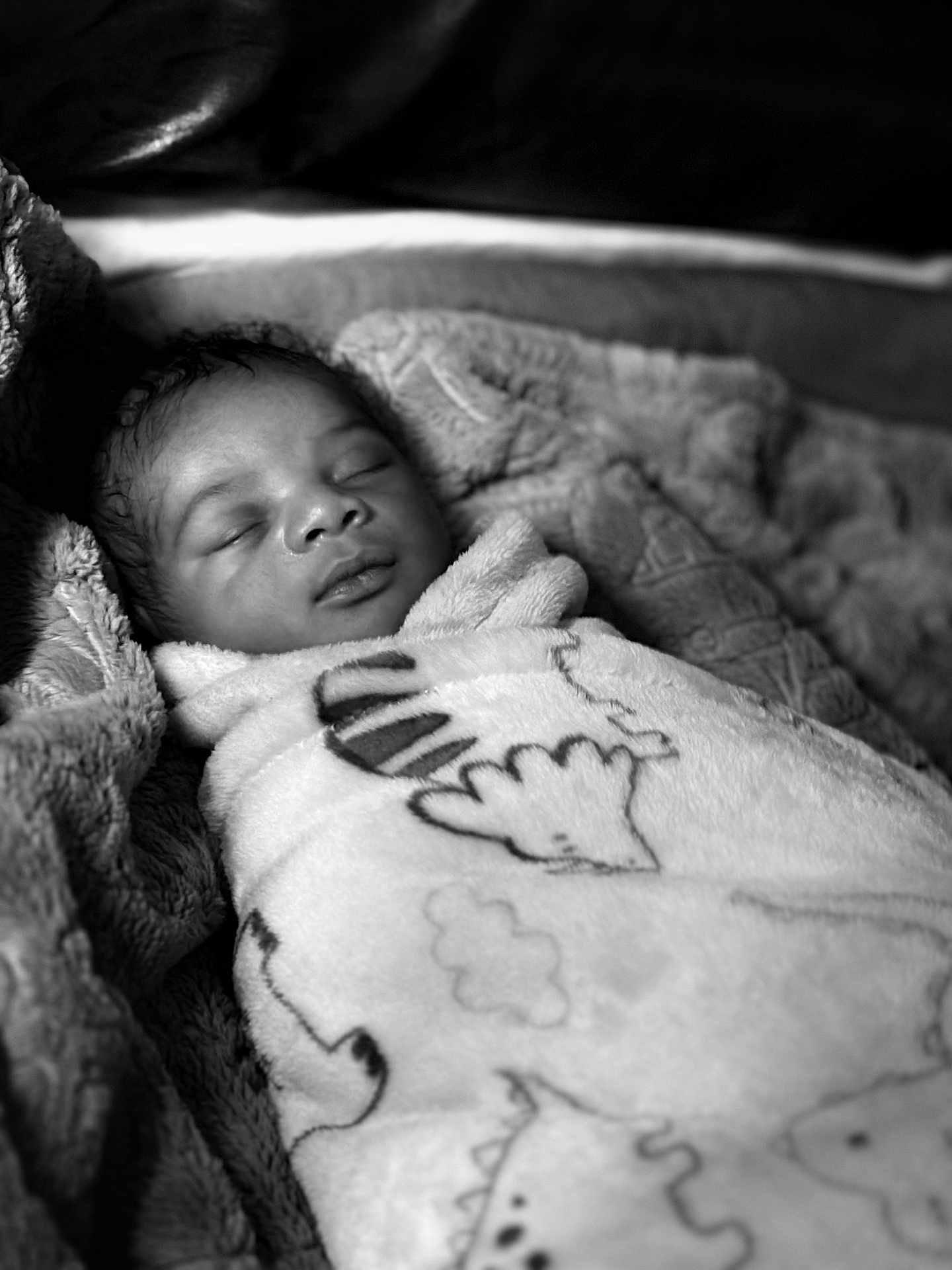 Damian joined the competition — help win amazing prizes! baby, sleeping, blanket, cozy, wrapped, infant, soft, black_and_white, portrait, peaceful, cute, child, resting, closeup, face, newborn, warm, texture, comfort, relaxation