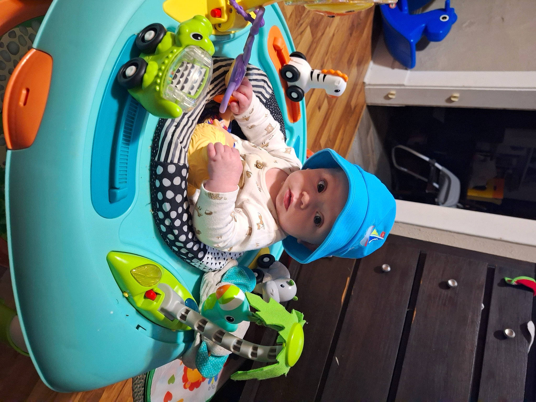 Wayne Jr is registered to the contest to win money with this photo: baby, baby_products, baby_safety, baby_toddler_clothing, baby_toys, blue, child, circle, comfort, event, fun, green, happy, hat, headwear, leisure, person, plastic, room, smile