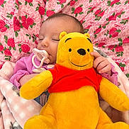 Aquene joined the competition — help win amazing prizes! baby, pacifier, plush_toy, winnie_the_pooh, blanket, pink, red_roses, sleeping, child, toy, soft, cozy, infant, cute, hand, face, bedroom, comfort, warm, nap