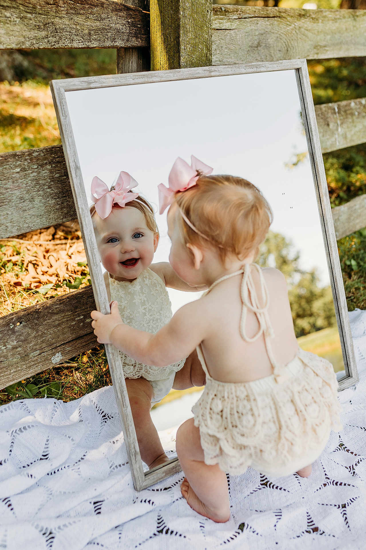 Lucy joined the competition — help win amazing prizes! accessories, baby, blonde, bonnet, clothing, dress, face, grass, hat, head, jewelry, mirror, necklace, person, photoframe, photography, plant, portrait, skirt, wood
