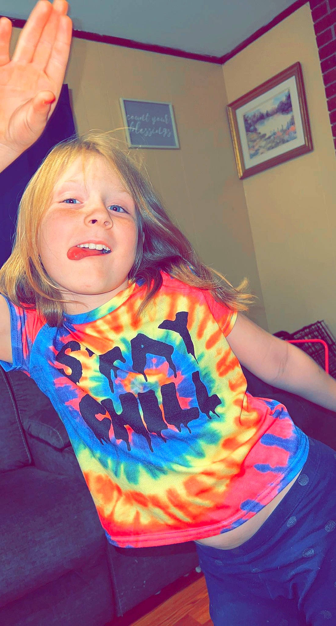 Adriana joined the competition — help win amazing prizes! blond, brown_hair, chin, electric_blue, event, fun, gesture, happy, iris, long_hair, mouth, muscle, orange, person, picture_frame, pink, shoulder, sleeve, t_shirt, thigh