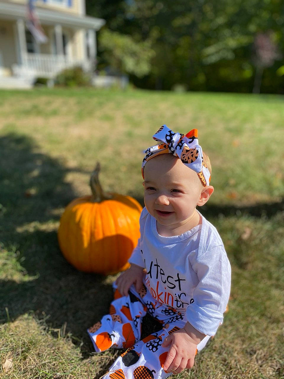 Halle is registered to the contest to win money with this photo: autumn, calabaza, candy_corn, child, cucurbita, grass, headgear, headwear, joy, leaf, orange, person, plant, pumpkin, smile, toddler, tree, trick_or_treat, winter_squash