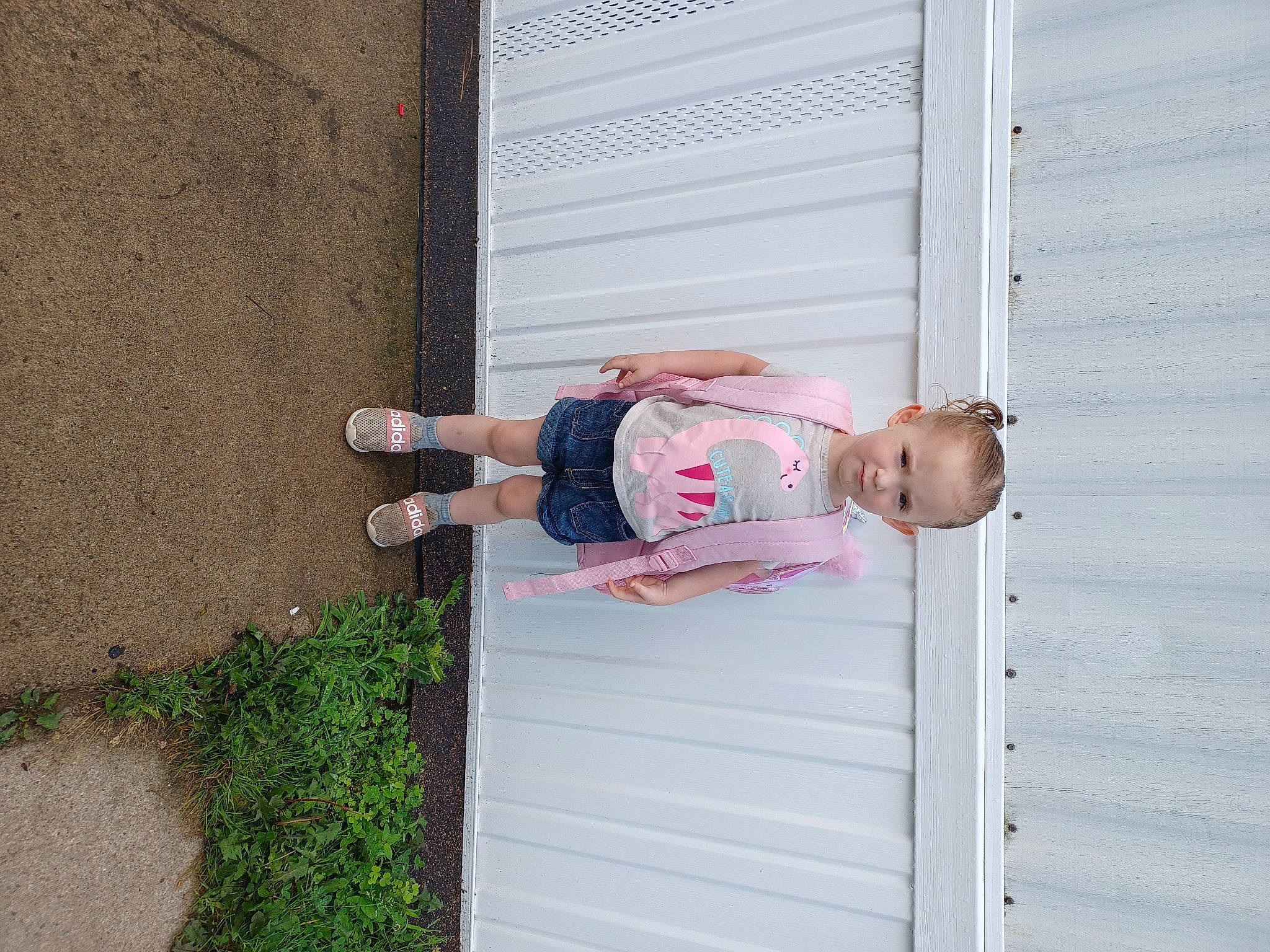 Adalynn is registered to the contest to win money with this photo: baby_toddler_clothing, child, concrete, door, fun, grass, hat, house, person, plant, siding, t_shirt, toddler, tree, walking_shoe, wood, yard