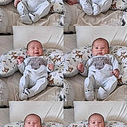 Aaron participe au concours pour gagner de l'argent avec cette photo : baby, infant, child, smiling, cute, collage, pillow, deer_pattern, bed, blanket, clothing, onesie, indoor, person, face, happy, expression, resting, comfort, soft