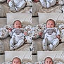baby, infant, child, smiling, cute, collage, pillow, deer_pattern, bed, blanket, clothing, onesie, indoor, person, face, happy, expression, resting, comfort, soft
