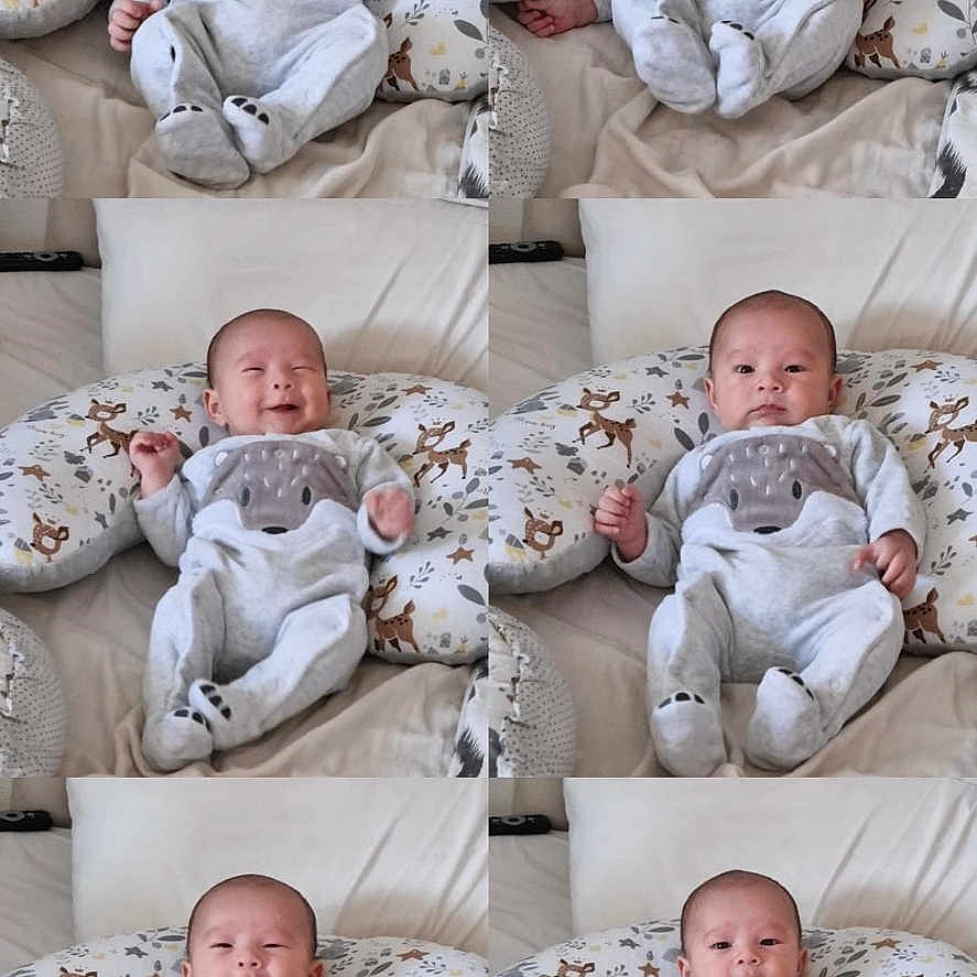 Aaron participe au concours pour gagner de l'argent avec cette photo : baby, bed, blanket, child, clothing, collage, comfort, cute, deer_pattern, expression, face, happy, indoor, infant, onesie, person, pillow, resting, smiling, soft