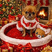 Tabata a rejoint le concours — aidez-le/la à gagner de superbes lots ! celebration, chihuahua, christmas, christmas_tree, cute, decorations, dog, festive_clothing, fireplace, holiday, holiday_spirit, indoors, pet_bed, plush_toy, presents, red_bow, small_dog, stockings, tongue_out, warm_lighting