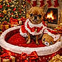 celebration, chihuahua, christmas, christmas_tree, cute, decorations, dog, festive_clothing, fireplace, holiday, holiday_spirit, indoors, pet_bed, plush_toy, presents, red_bow, small_dog, stockings, tongue_out, warm_lighting
