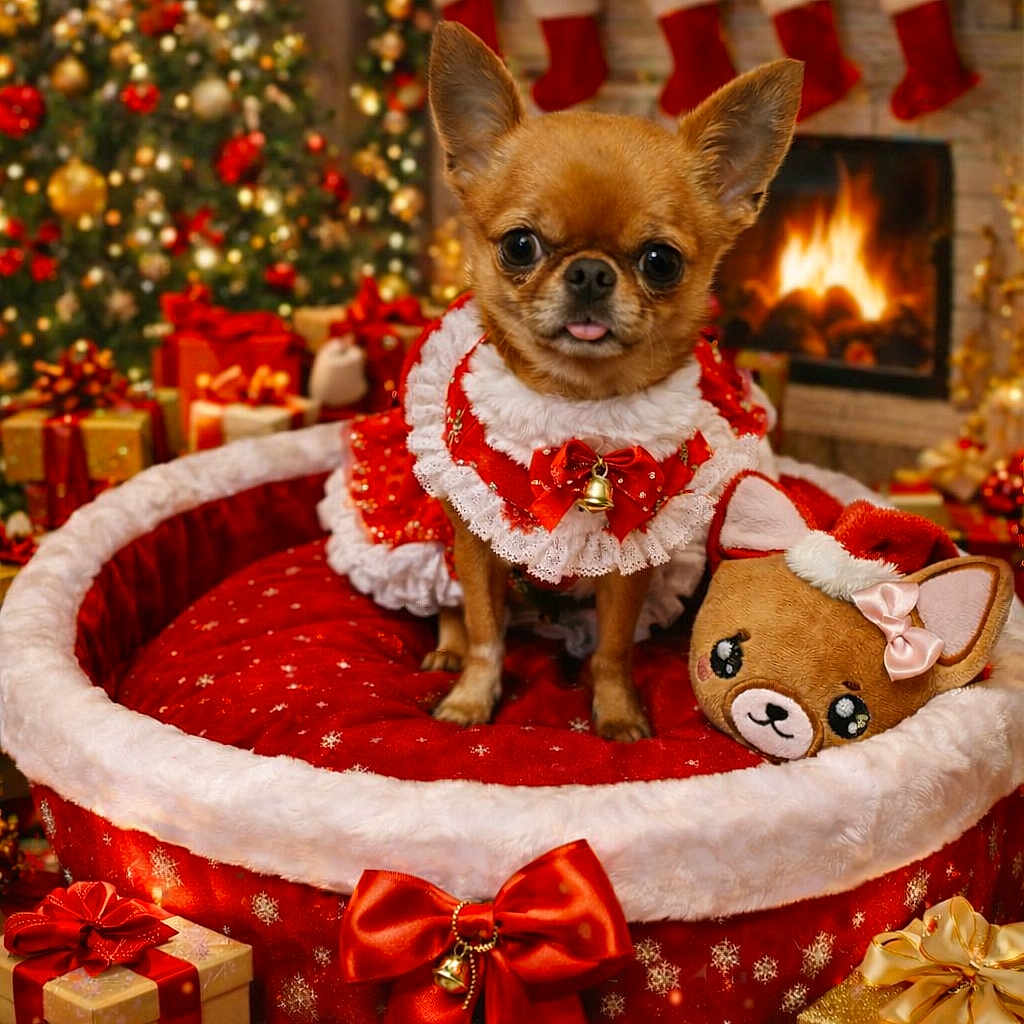 Tabata a rejoint le concours — aidez-le/la à gagner de superbes lots ! celebration, chihuahua, christmas, christmas_tree, cute, decorations, dog, festive_clothing, fireplace, holiday, holiday_spirit, indoors, pet_bed, plush_toy, presents, red_bow, small_dog, stockings, tongue_out, warm_lighting