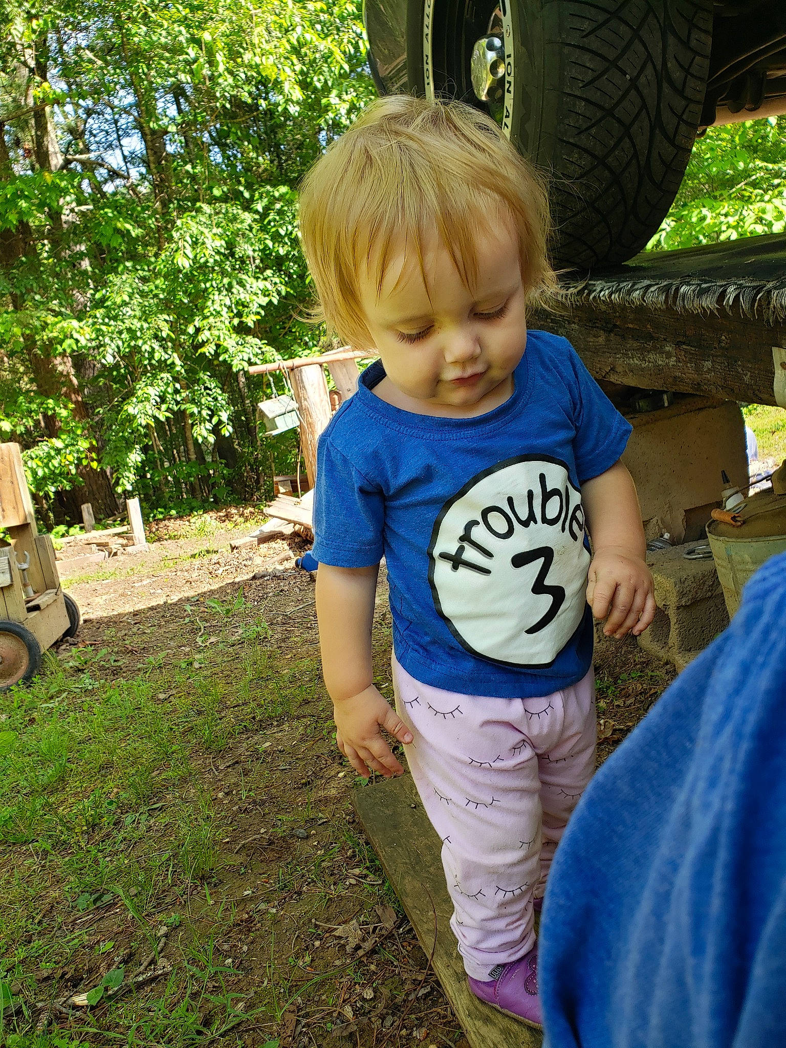 Letty is registered to the contest to win money with this photo: child, fun, grass, leaf, person, plant, play, recreation, smile, soil, summer, t_shirt, toddler, tree, vacation