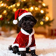 Riley is registered to the contest to win money with this photo: dog, black_dog, santa_hat, santa_clothes, christmas_tree, bokeh_lights, holiday, festive, snow, indoor, pet, cute, fur, costume, celebration, winter, adorable, fluffy, decorations, seasonal