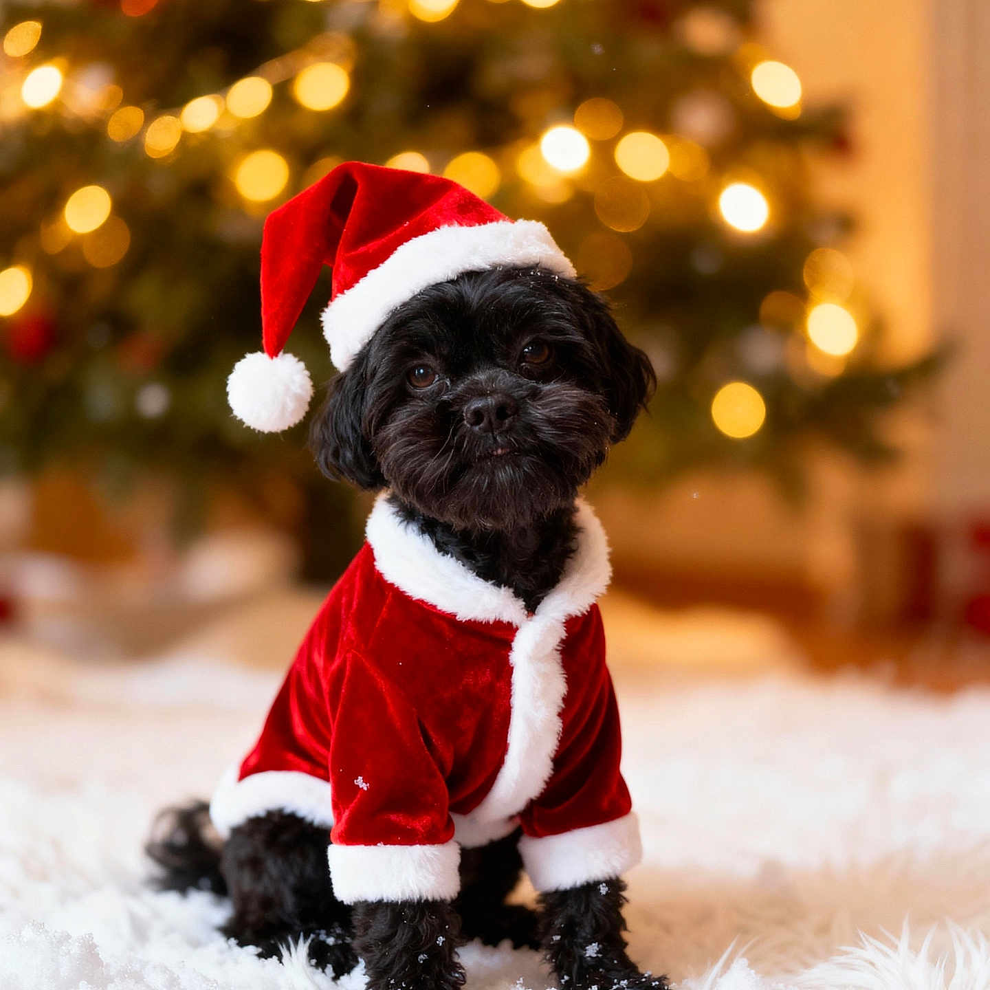 Riley is registered to the contest to win money with this photo: dog, black_dog, santa_hat, santa_clothes, christmas_tree, bokeh_lights, holiday, festive, snow, indoor, pet, cute, fur, costume, celebration, winter, adorable, fluffy, decorations, seasonal