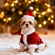 Millie is registered to the contest to win money with this photo: dog, puppy, santa_hat, santa_costume, christmas_tree, holiday, festive, cute, fluffy, white_rug, indoors, decorations, lights, blurred_background, portrait, small_dog, fur, seasonal, celebration, adorable