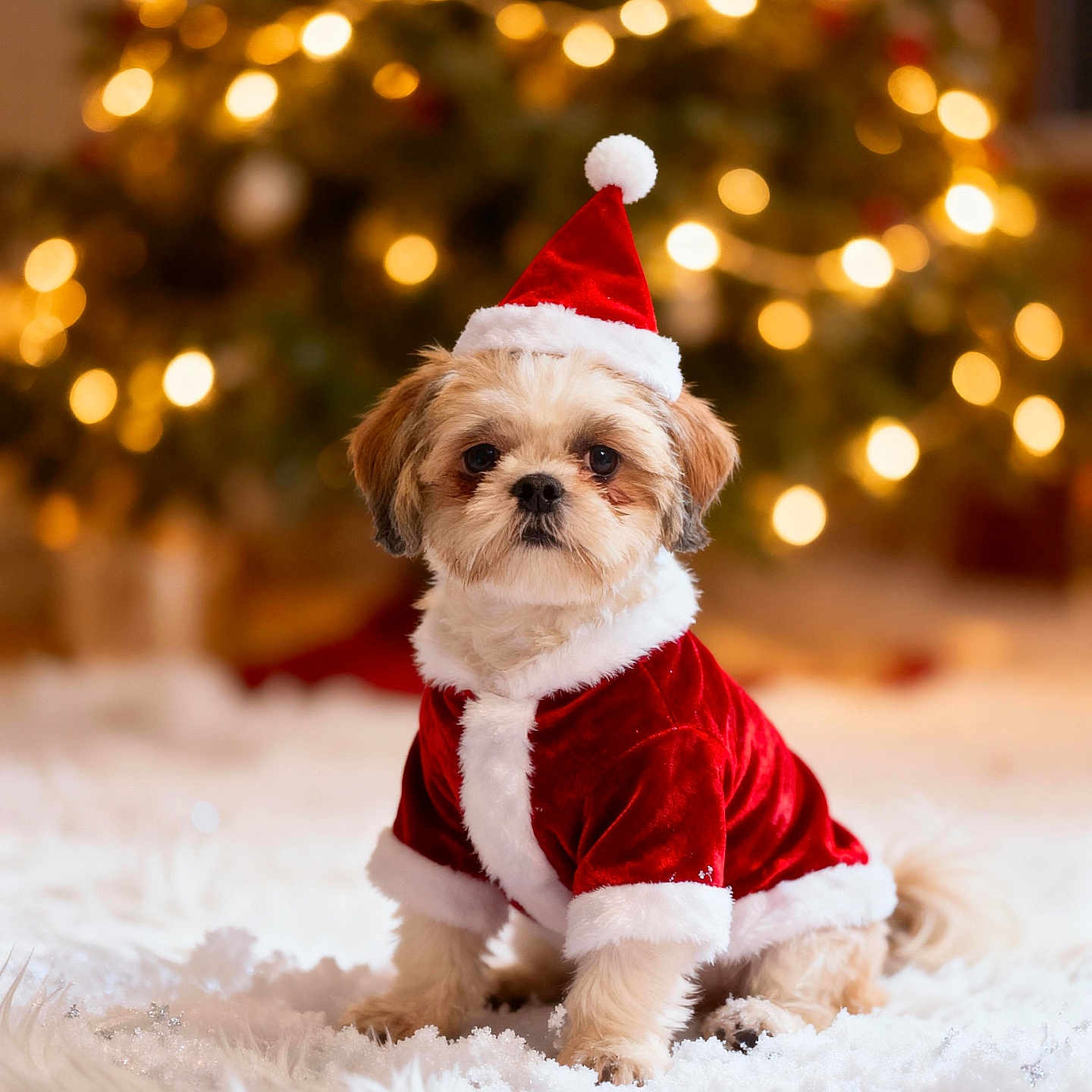 Millie is registered to the contest to win money with this photo: dog, puppy, santa_hat, santa_costume, christmas_tree, holiday, festive, cute, fluffy, white_rug, indoors, decorations, lights, blurred_background, portrait, small_dog, fur, seasonal, celebration, adorable