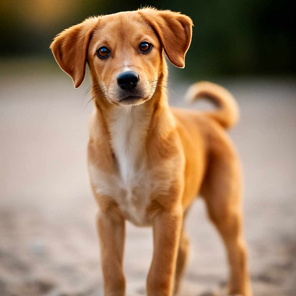 Jaj joined the competition — help win amazing prizes! alert, animal, brown_dog, canine, close_up, curious, dog, ears, fur, mammal, nature, outdoor, pet, portrait, puppy, sand, standing, sunset, tail, young_dog