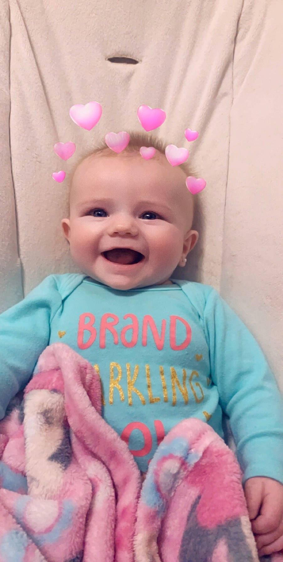 Presleigh is registered to the contest to win money with this photo: baby, baby_laughing, baby_making_funny_faces, baby_toddler_clothing, cheek, child, ear, face, facial_expression, happy, head, lip, person, pink, skin, smile, toddler