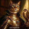 cat, armor, hawk, bird, portrait, medieval, regal, green_eyes, fur, ornate, jewelry, cloak, background, perched, animal, majestic, detailed, painting_style, costume, text_overlay