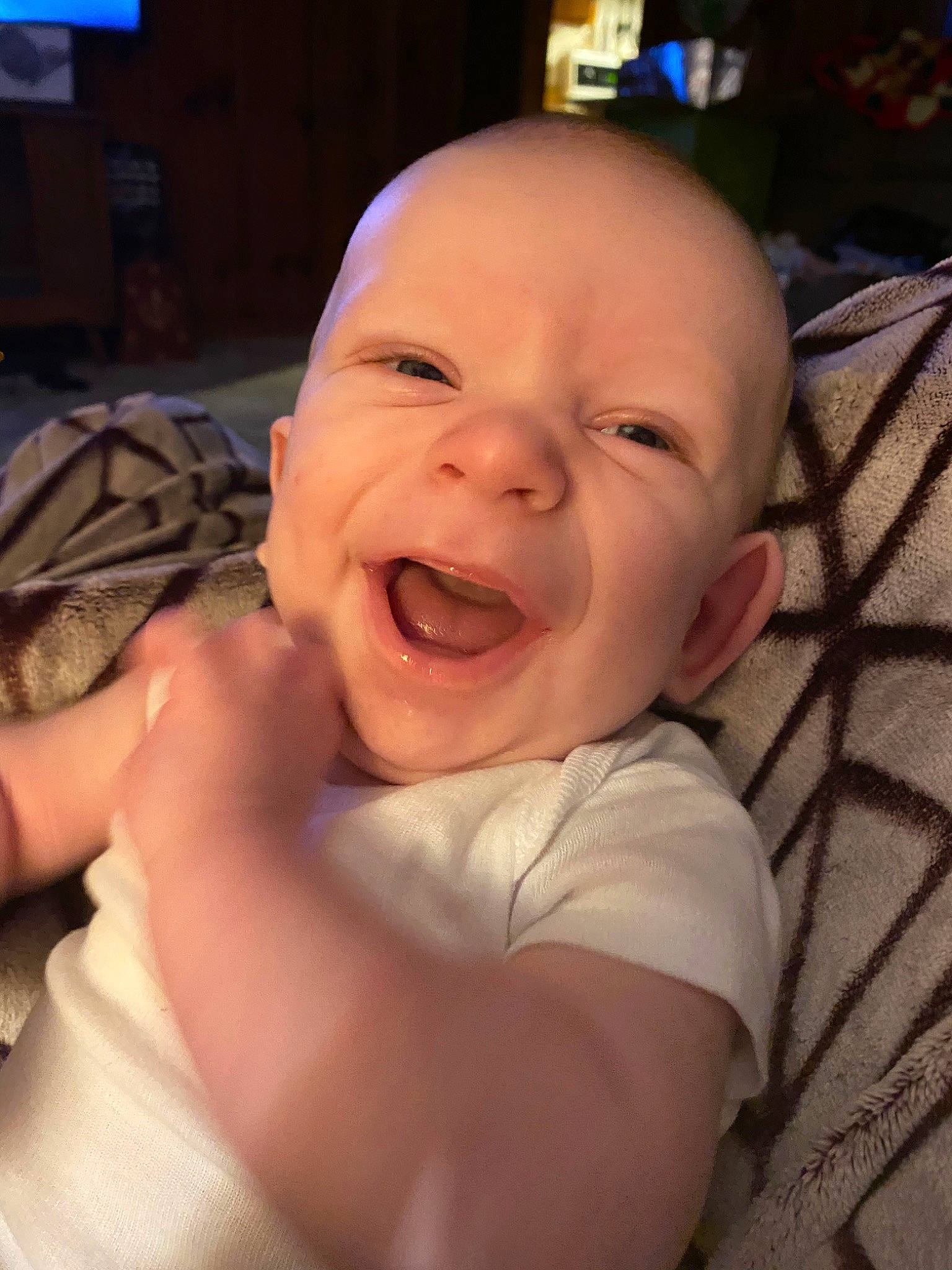 Gatlin is registered to the contest to win money with this photo: baby, baby_laughing, baby_making_funny_faces, cheek, child, chin, face, facial_expression, forehead, fun, happy, head, laugh, lip, mouth, nose, person, skin, smile, toddler