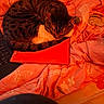 cat, tabby_cat, sleeping, curled_up, blanket, orange_blanket, butterfly_pattern, folder, red_folder, laptop_keyboard, cozy, indoor, pet, resting, fur, whiskers, paw, bedroom, soft, warm_lighting