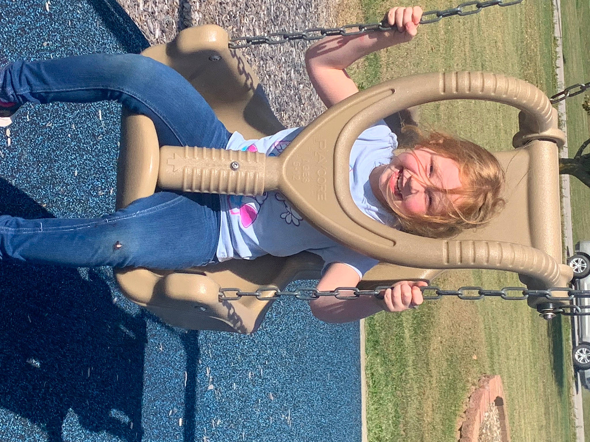 Ava joined the competition — help win amazing prizes! cool, denim, electric_blue, eyewear, fun, gesture, grass, happy, hat, human_leg, joy, knee, leisure, outdoor_play_equipment, person, recreation, smile, t_shirt, thigh