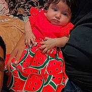 Kataleya participe au concours pour gagner de l'argent avec cette photo : baby, infant, child, watermelon_dress, red_clothing, hands, adult_arm, couch, blanket, patterned_fabric, dark_hair, big_eyes, portrait, indoors, holding, cute, sitting, family_moment, soft_lighting, plush_toy