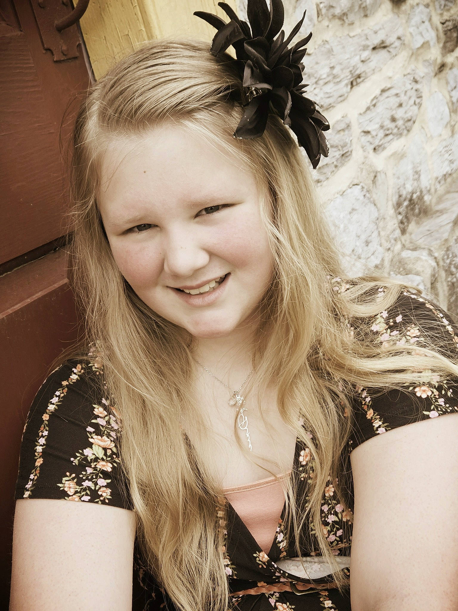 Dixie is registered to the contest to win money with this photo: black_and_white, cool, eyelash, facial_expression, flash_photography, fun, grass, hair, hairstyle, happy, headpiece, human, iris, jewellery, joy, long_hair, organ, person, plant, skin