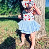 toddler, child, outdoor, tree, grass, barefoot, blue_tutu, headband, sunlight, shadow, curious, nature, summer, young_child, person, baby, cute, playful, standing, dress