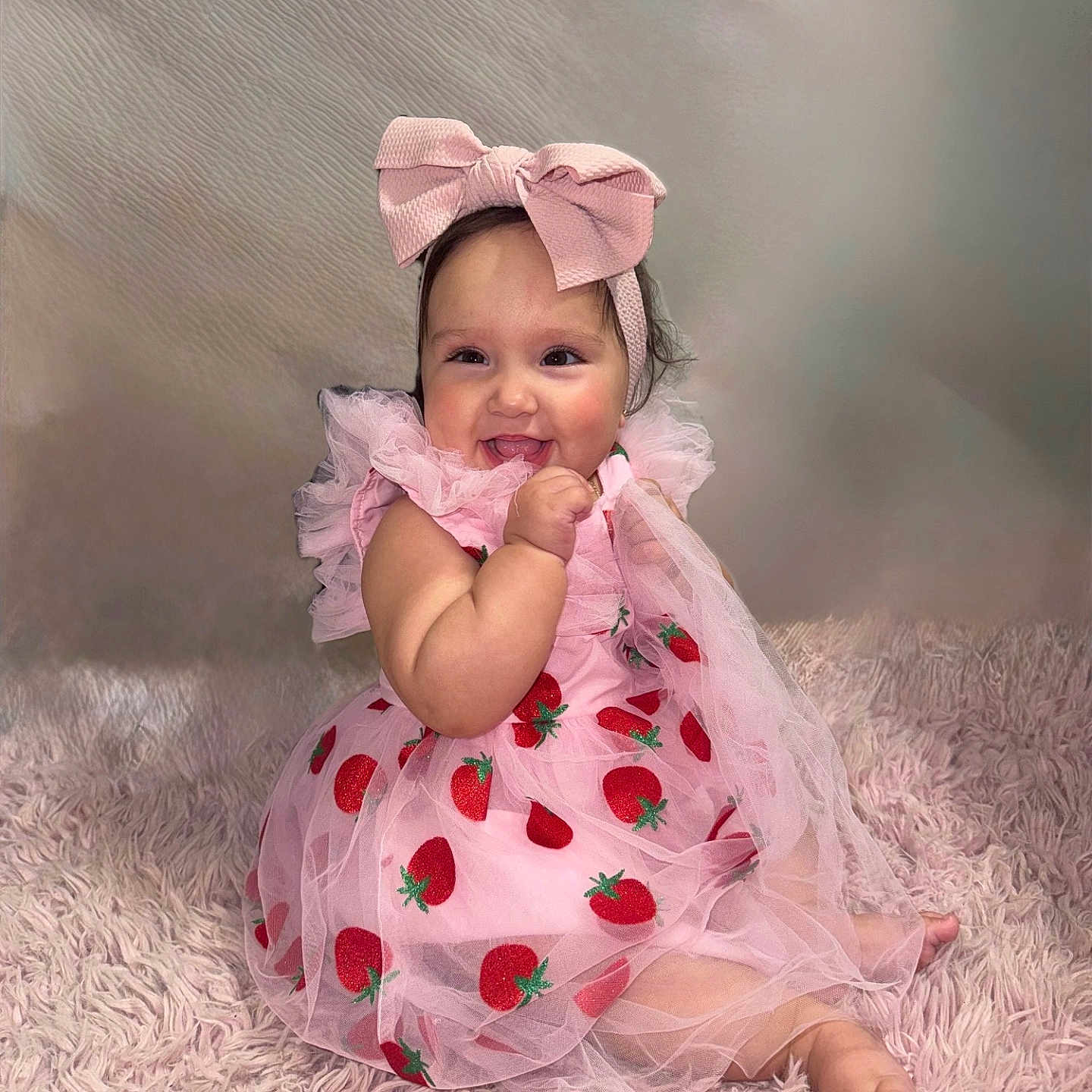 Velesia joined the competition — help win amazing prizes! adorable, baby, bow, cheerful, child, cute, fluffy_rug, happy, headband, indoor, infant, pink_dress, playful, portrait, sitting, smiling, soft_texture, strawberries, tulle, young