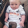baby, child, infant, stroller, headband, bow, sportswear, soccer, swansea_city, white_clothing, yellow_accessory, cute, chubby, expression, seated, indoor, fabric, straps, person, closeup