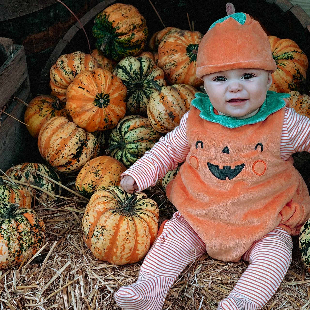 Alessia is registered to the contest to win money with this photo: autumn, baby, child, cute, face, festive, fun, harvest, hat, holiday, orange, outdoor, person, pumpkin_costume, pumpkins, seasonal, sitting, smile, straw, striped_clothing