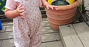 Calista is registered to the contest to win money with this photo: baby, candid, casual, child, curious, daylight, double_buns, foot, greenery, outdoor, painted_nails, person, pink_outfit, plant_pot, standing, tattoo, tidy_cats, toddler, wooden_porch, yellow_container