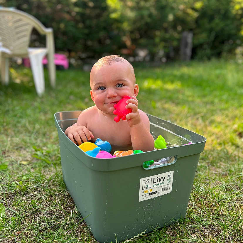 Layton participe au concours pour gagner de l'argent avec cette photo : baby, child, colorful, cute, fun, garden, grass, greenery, happy, nature, outdoor, plastic, play, relax, smile, storage_bin, summer, sunlight, toy, water