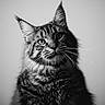animal, black_and_white, cat, close_up, domestic_cat, ears, eyes, face, feline, fluffy, fur, maine_coon, majestic, mammal, monochrome, pet, portrait, soft_light, studio, whiskers