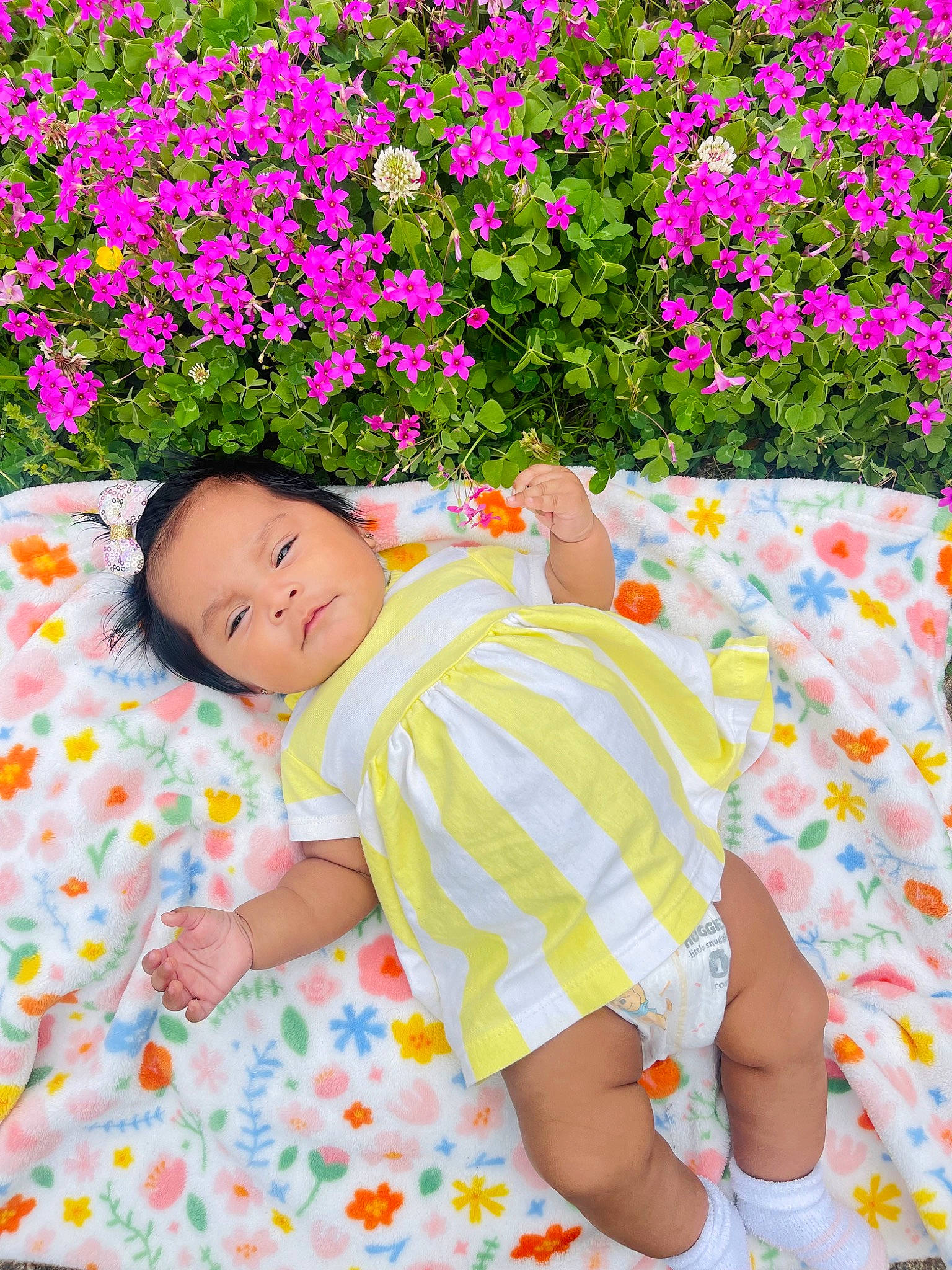 Hailey joined the competition — help win amazing prizes! baby, baby_toddler_clothing, botany, comfort, flower, grass, green, groundcover, happy, leaf, leisure, pattern, people_in_nature, person, petal, pink, plant, sleeve, textile, toddler