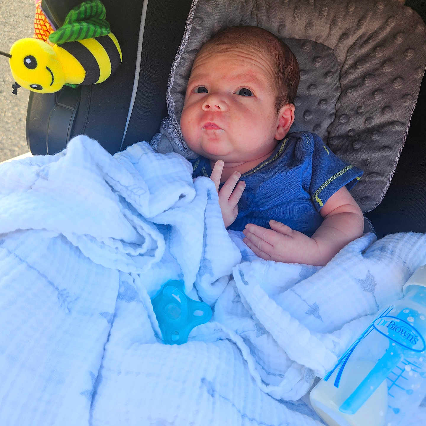Wyatt joined the competition — help win amazing prizes! baby, newborn, infant, blanket, blue_clothing, car_seat, pacifier, baby_bottle, toy, bee_toy, face, head, person, cute, child, indoors, soft_texture, comfort, wrapped, resting
