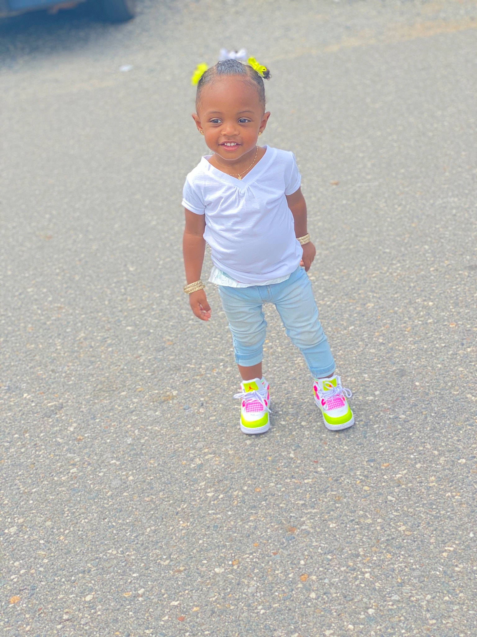 Kylah joined the competition — help win amazing prizes! asphalt, child, fun, person, play, recreation, smile, summer, toddler, vacation, walking, yellow