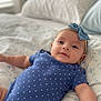 Elliana joined the competition — help win amazing prizes! baby, infant, blue_onesie, polka_dot, headband, bow, bed, pillow, blanket, floral_pattern, indoor, portrait, smiling, cute, child, skin, arm, face, person, soft_light