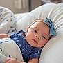 Elliana is registered to the contest to win money with this photo: baby, infant, blue_bow, pillow, blanket, polka_dot, blue_outfit, face, headband, sleeping_area, bedroom, toddler, child, cute, soft_light, relaxed, indoors, portrait, young_child, skin